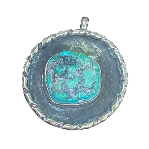 Vintage authentic Navajo Signed Turquoise pendant silver - Picture 4 of 6
